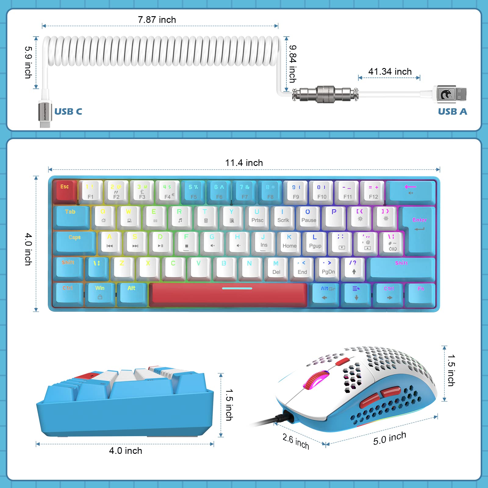 ZIYOU LANG RK-T60 Wired Mechanical Gaming Keyboard and Mouse Combo Mini Portable with Rainbow Backlit 62Key NKRO 6400DPI RGB Honeycomb Mice Coiled Aviator C Cable for PS4/PC/WIN Gamer(Blue/Red Switch)