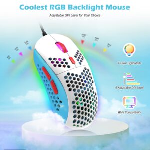 ZIYOU LANG RK-T60 Wired Mechanical Gaming Keyboard and Mouse Combo Mini Portable with Rainbow Backlit 62Key NKRO 6400DPI RGB Honeycomb Mice Coiled Aviator C Cable for PS4/PC/WIN Gamer(Blue/Red Switch)