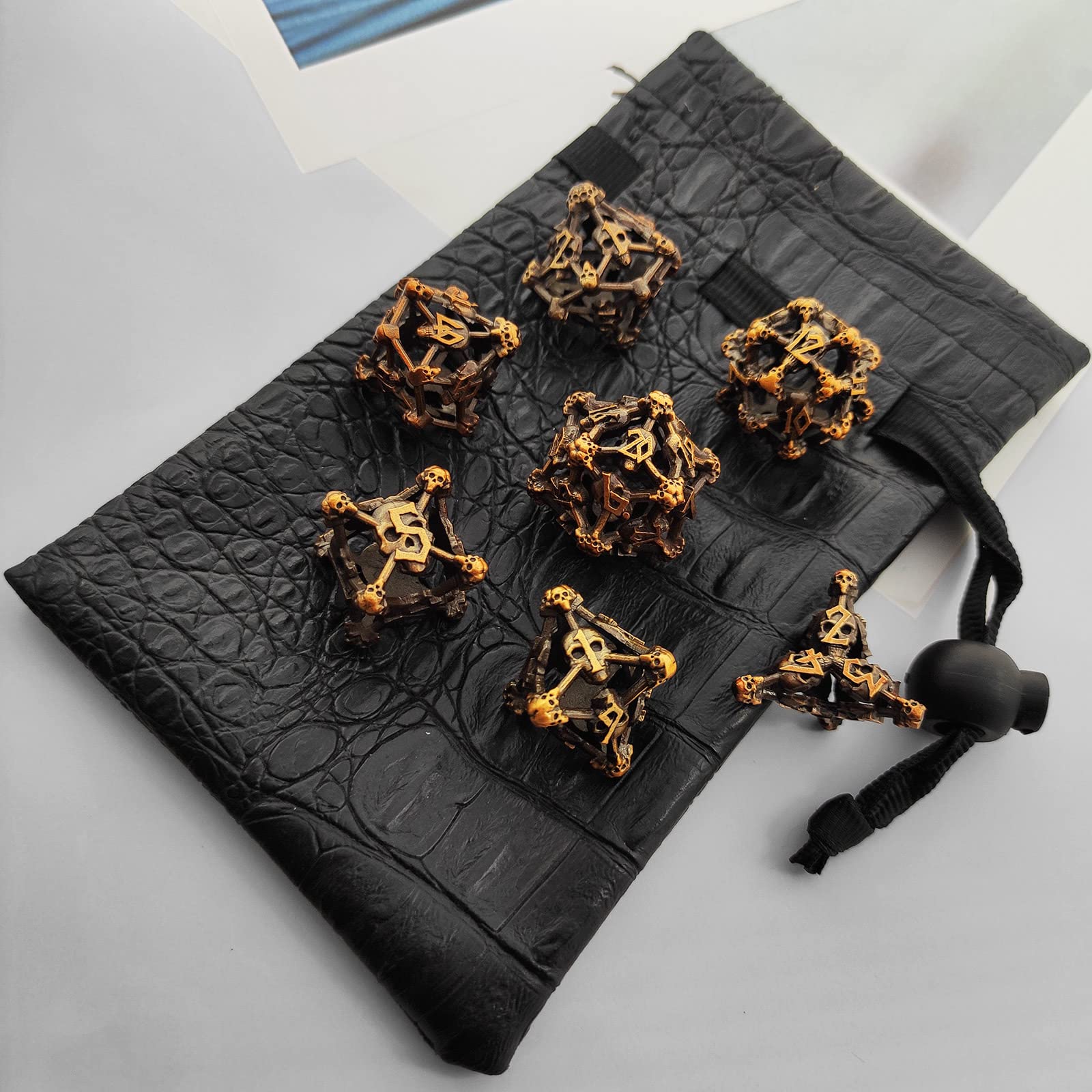 AJKDEUIH Metal DND Skull Dice Set Hollow D&D Dungeons and Dragons Gifts D20 D6 Polyhedron Dice Trpg MTG D and D Pathfinder Table Games Accessories with Black Leather Bag-Ancient Gold