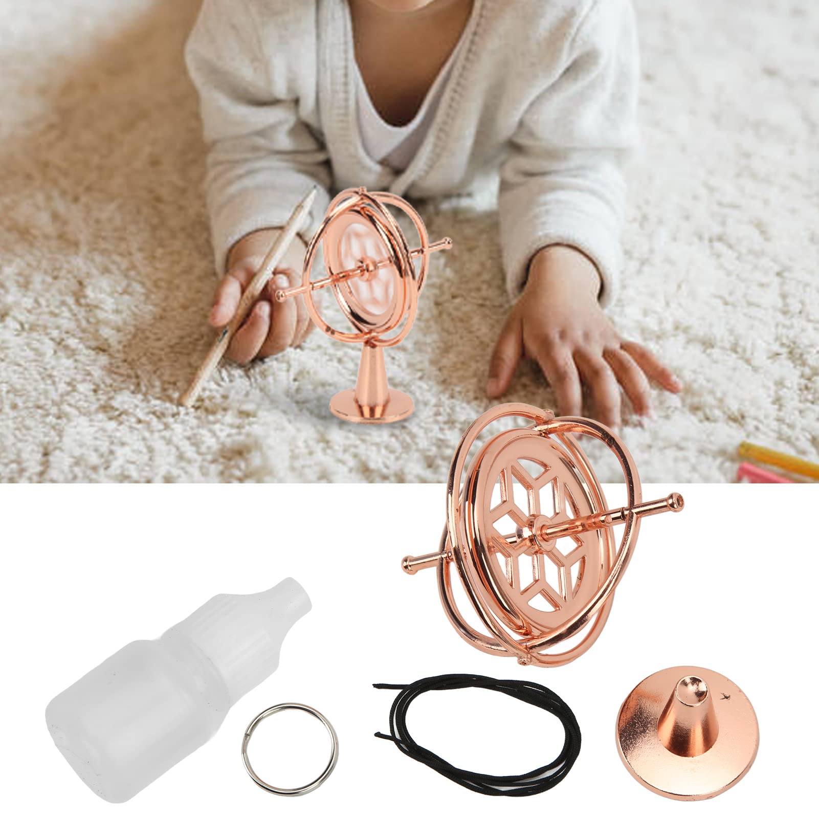 Spinning Top Toy, Zinc Alloy Decompression Rose Gold Balanced Gyroscope with Rope for Decoration for Gift