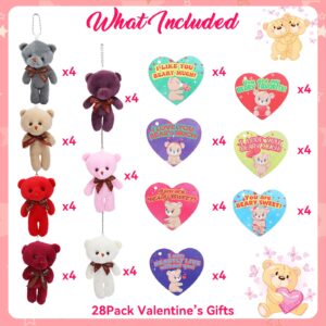 28Pcs Valentines Day Cards for Kids with Bears Plush Toys, Heart Cards+ Mini Bears Stuffed Plush Doll Keychain Toys For Kids Valentine Exchange Cards Classroom Gifts Kids Valentines Party Favors