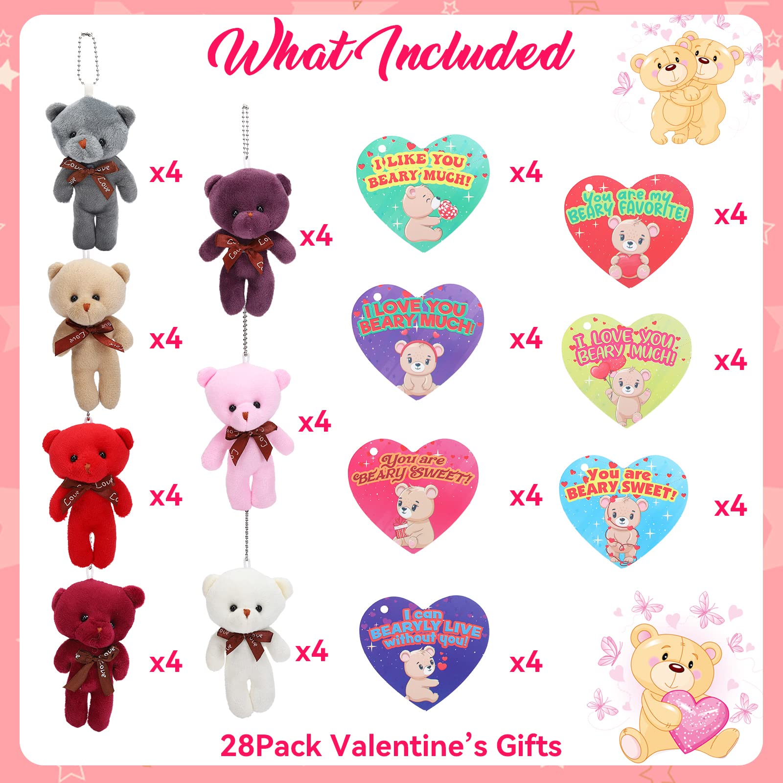 28Pcs Valentines Day Cards for Kids with Bears Plush Toys, Heart Cards+ Mini Bears Stuffed Plush Doll Keychain Toys For Kids Valentine Exchange Cards Classroom Gifts Kids Valentines Party Favors