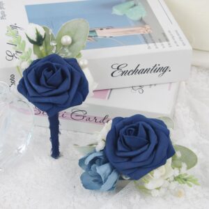 Rinlong Navy Blue Rose Corsage and Boutonniere Set for Men Wedding Homecoming Prom