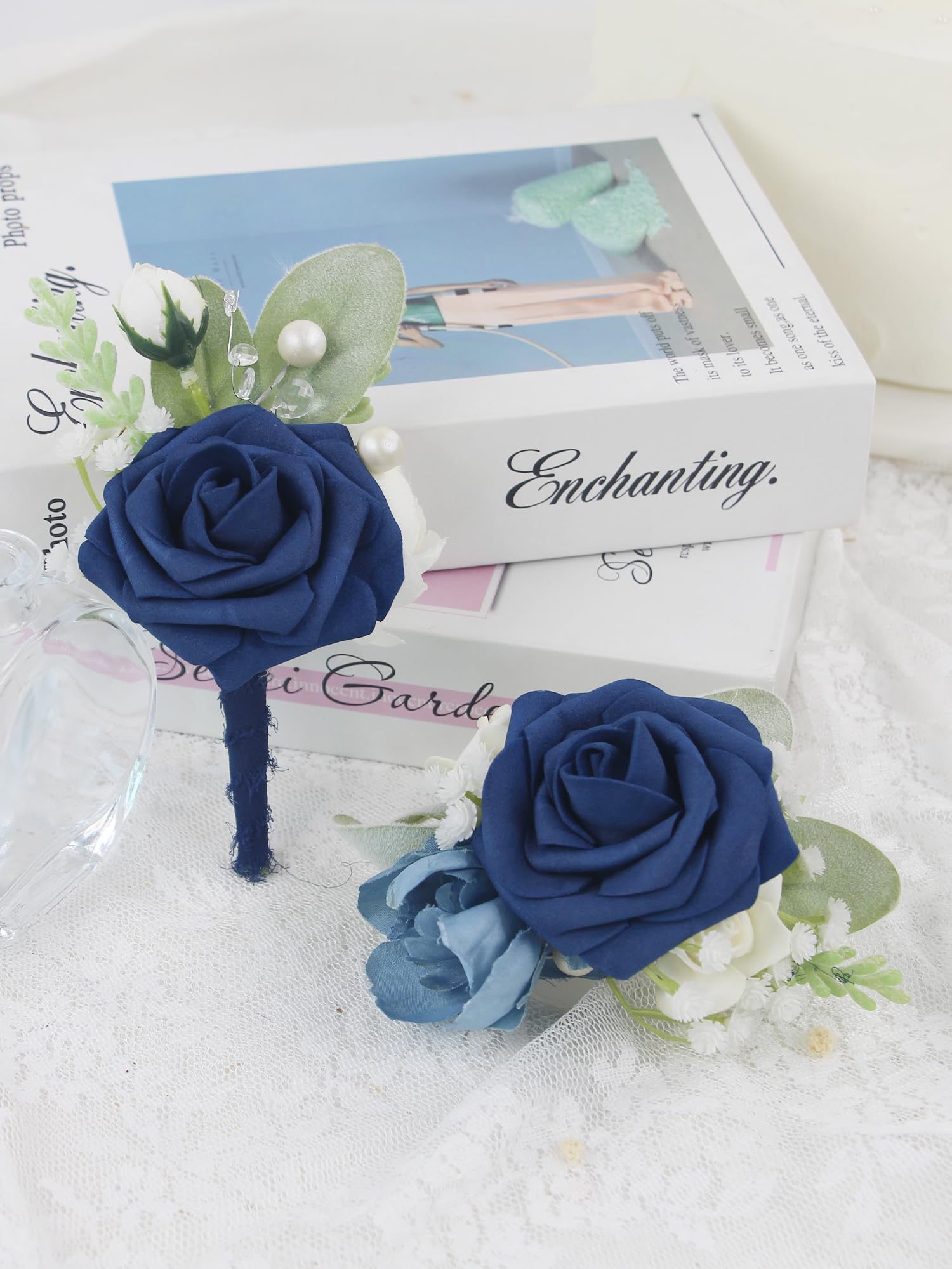 Rinlong Navy Blue Rose Corsage and Boutonniere Set for Men Wedding Homecoming Prom