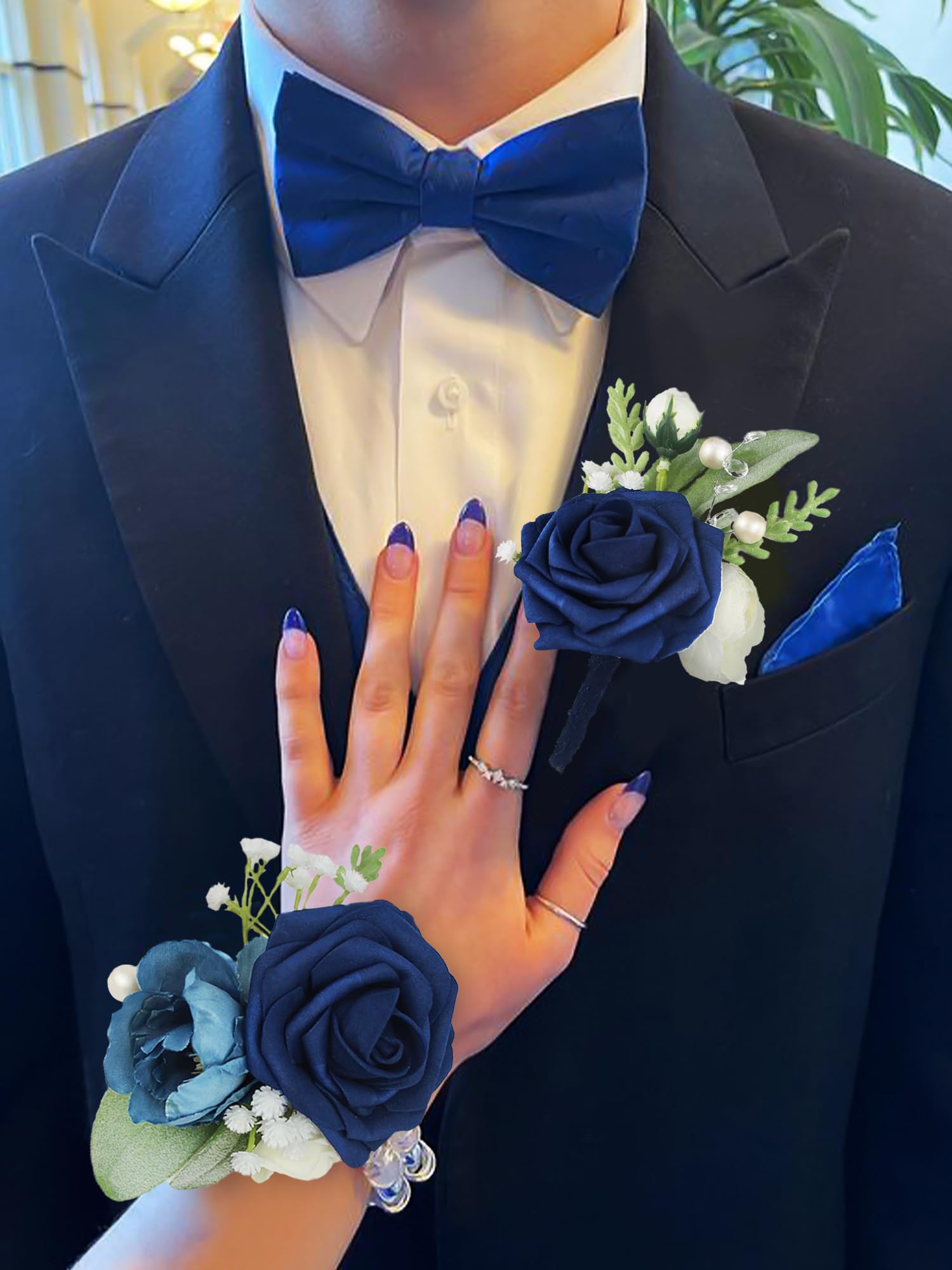 Rinlong Navy Blue Rose Corsage and Boutonniere Set for Men Wedding Homecoming Prom