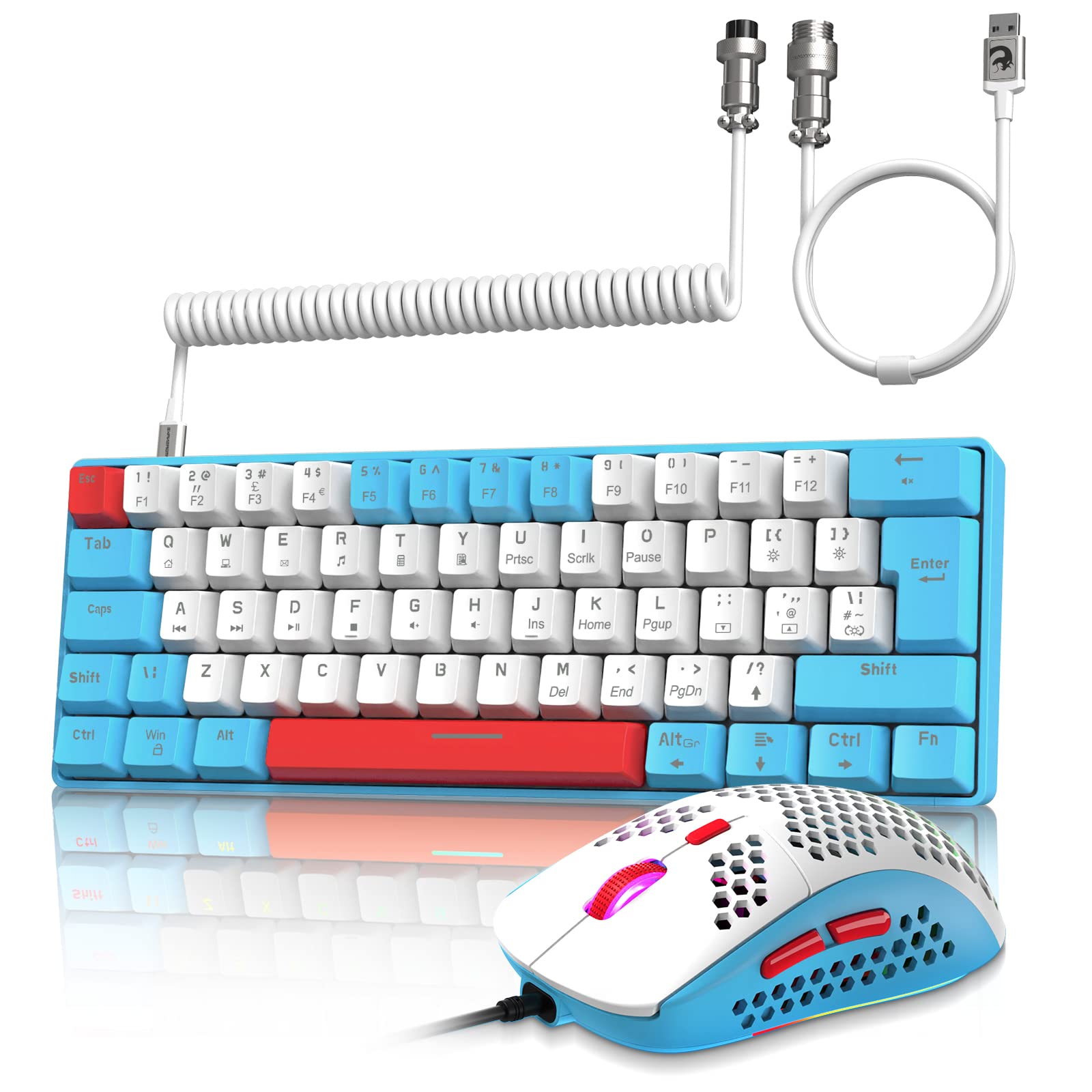 ZIYOU LANG RK-T60 Wired Mechanical Gaming Keyboard and Mouse Combo Mini Portable with Rainbow Backlit 62Key NKRO 6400DPI RGB Honeycomb Mice Coiled Aviator C Cable for PS4/PC/WIN Gamer(Blue/Red Switch)