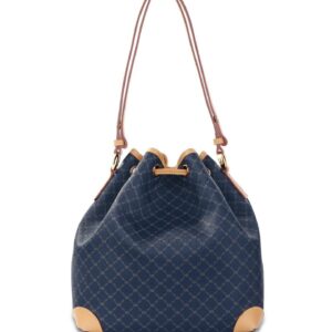 Rioni STA-20089 Designer Signature Navy Blue Canvas Leather Drawstring Bucket Bag Shoulder Bag