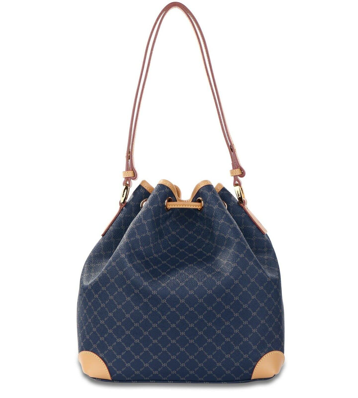 Rioni STA-20089 Designer Signature Navy Blue Canvas Leather Drawstring Bucket Bag Shoulder Bag