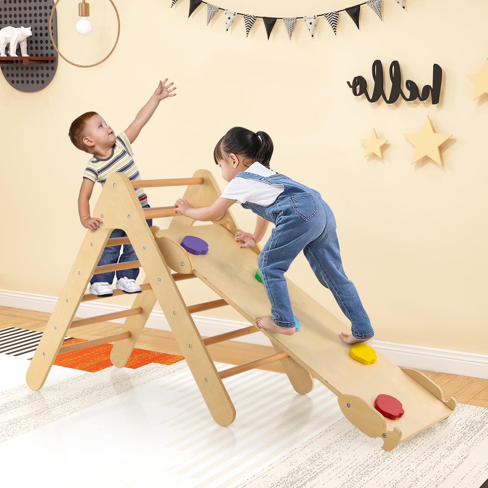 OLAKIDS Climbing Toys for Toddlers, 3 in 1 Kids Wooden Montessori Triangle Set Climber Toy with Ramp Ladder Slide for Gym Playground, Baby Indoor Climb Play Structure Activity Set for Boys Girls