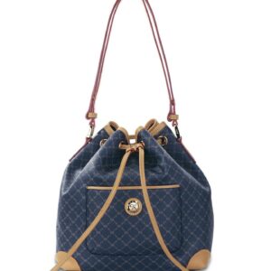 Rioni STA-20089 Designer Signature Navy Blue Canvas Leather Drawstring Bucket Bag Shoulder Bag