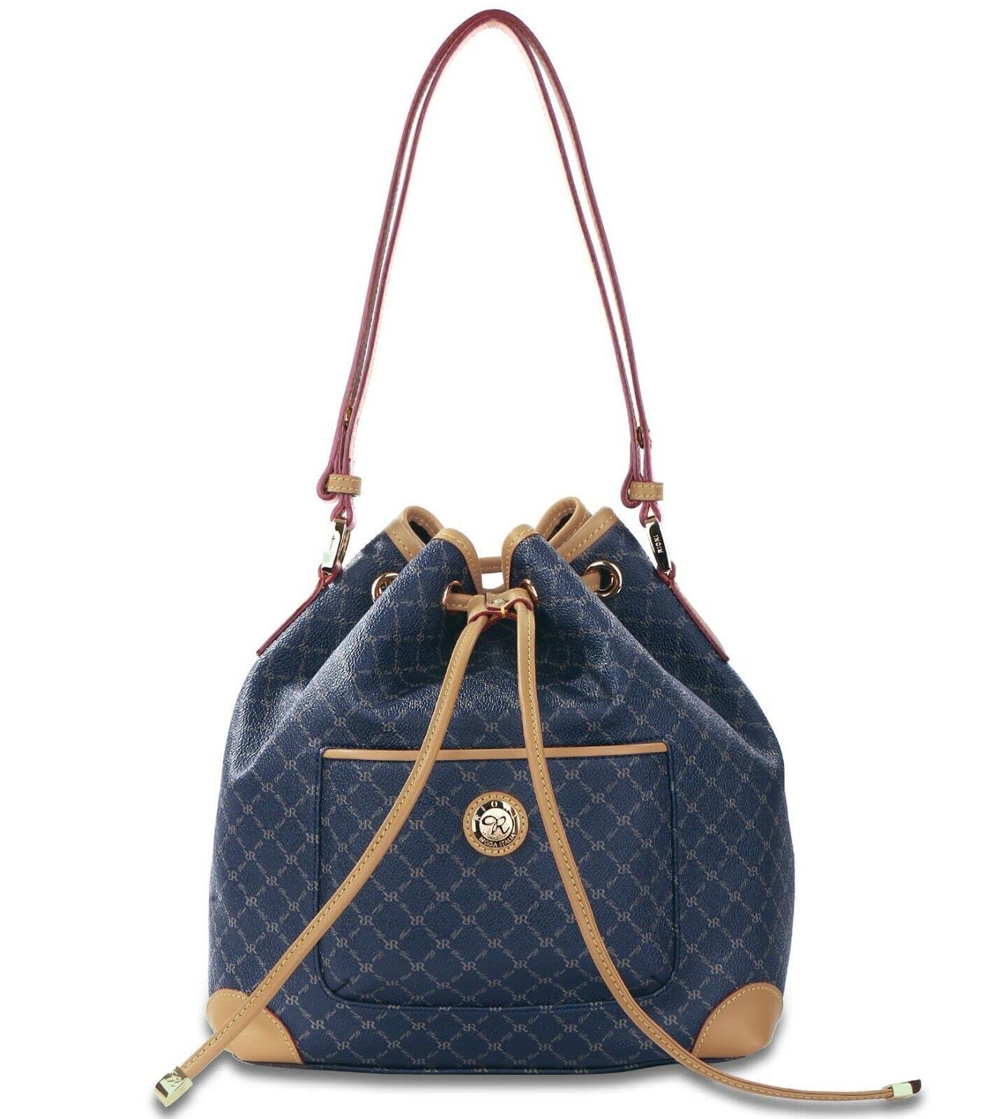 Rioni STA-20089 Designer Signature Navy Blue Canvas Leather Drawstring Bucket Bag Shoulder Bag