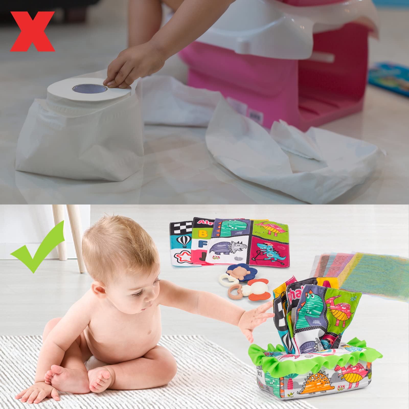 GRFUEZTO Baby Tissue Box Toy 6 to 12 Months,Montessori Toys for Babies 6-12 Months,Tissue Box Sensory Toys with Teething for Newborn Toddlers Infants Early Learning Toys Boys Girls Gifts