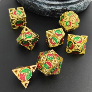 AJKDEUIH D&D DND Metal Dice Set Hollow Dungeons and Dragons D20 Polyhedral Game Dice 7pcs Set RPG MTG Role Playing Pathfinder Accessories Gift Storage Bag-Imitation Gold Red and Green