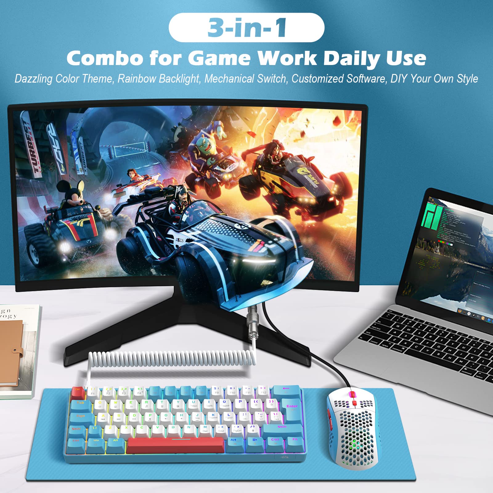 ZIYOU LANG RK-T60 Wired Mechanical Gaming Keyboard and Mouse Combo Mini Portable with Rainbow Backlit 62Key NKRO 6400DPI RGB Honeycomb Mice Coiled Aviator C Cable for PS4/PC/WIN Gamer(Blue/Red Switch)