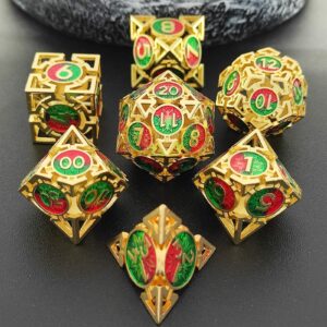 AJKDEUIH D&D DND Metal Dice Set Hollow Dungeons and Dragons D20 Polyhedral Game Dice 7pcs Set RPG MTG Role Playing Pathfinder Accessories Gift Storage Bag-Imitation Gold Red and Green