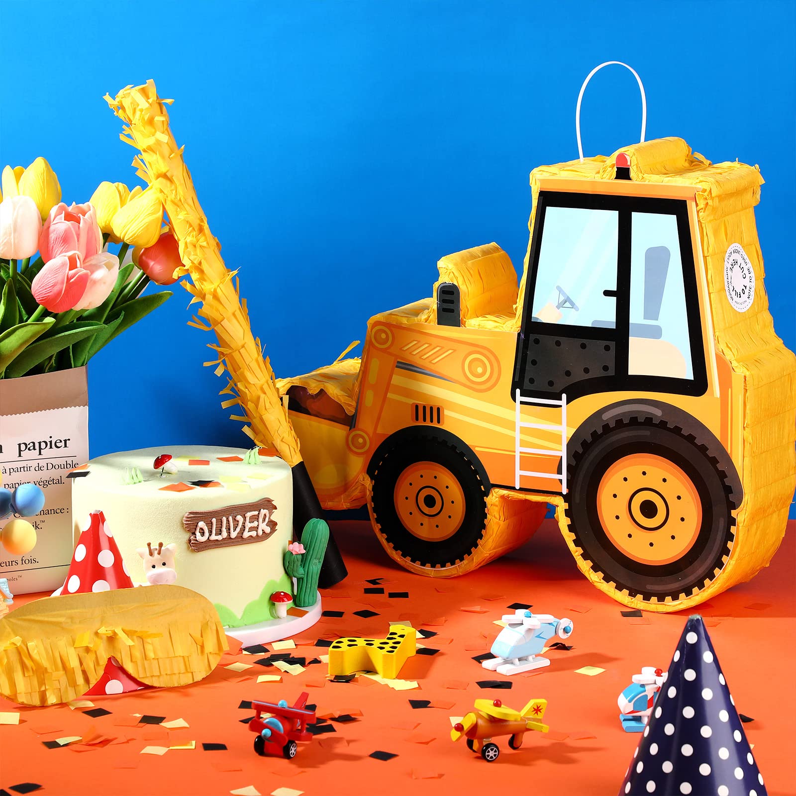 Construction Dump Truck Piñata Construction Piñata with Blindfold and Bat Construction Party Supplies Tractor Excavator Piñata for Kids Construction Truck Birthday Decor(Bulldozer)