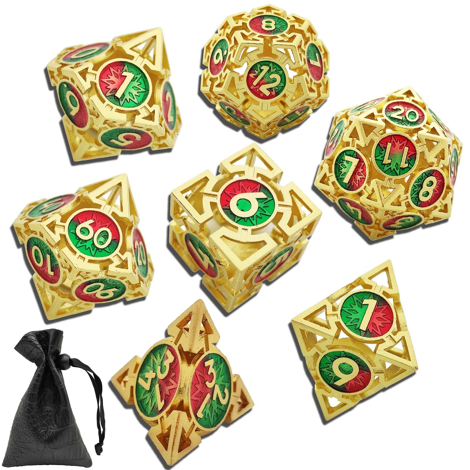 AJKDEUIH D&D DND Metal Dice Set Hollow Dungeons and Dragons D20 Polyhedral Game Dice 7pcs Set RPG MTG Role Playing Pathfinder Accessories Gift Storage Bag-Imitation Gold Red and Green