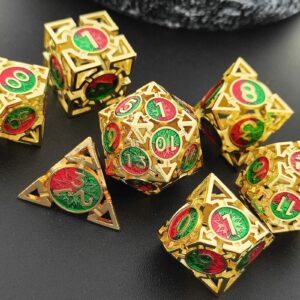 AJKDEUIH D&D DND Metal Dice Set Hollow Dungeons and Dragons D20 Polyhedral Game Dice 7pcs Set RPG MTG Role Playing Pathfinder Accessories Gift Storage Bag-Imitation Gold Red and Green