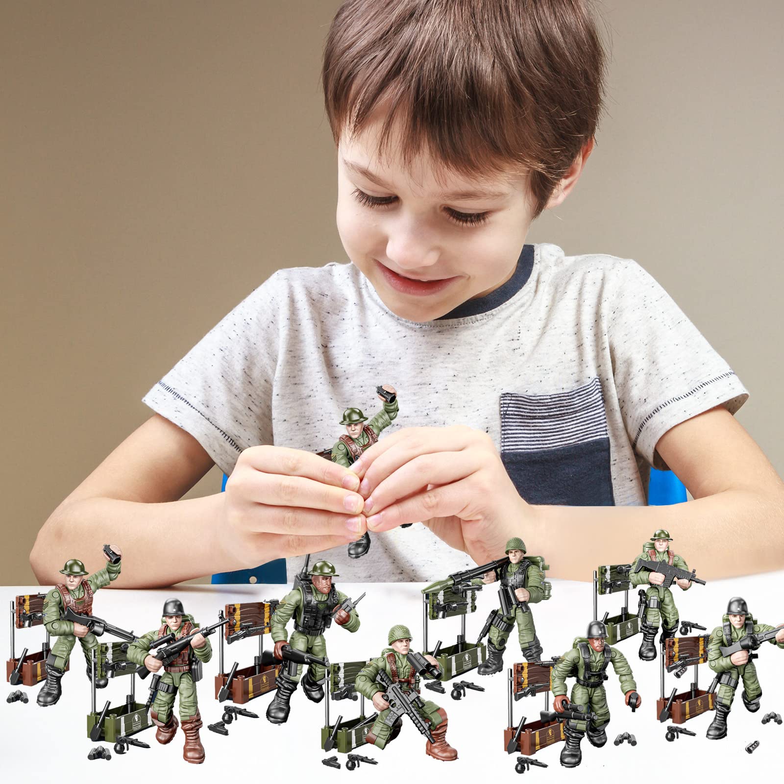 MEIEST WWII Soldier Model Equipment Assembly Building Block Toys,8 PCS Soldier Action Mini-Figures with Multiple Military Weapons Accessories,Party Favors Set for Boys