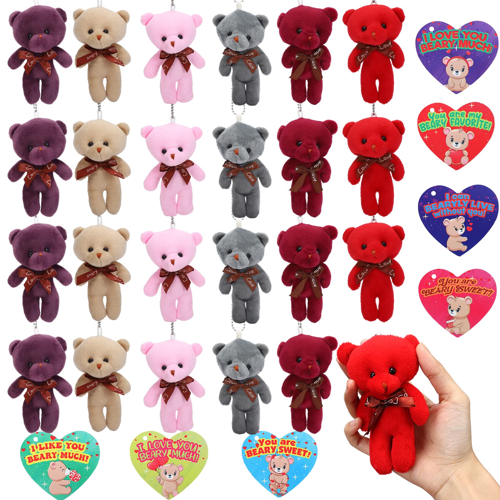 28Pcs Valentines Day Cards for Kids with Bears Plush Toys, Heart Cards+ Mini Bears Stuffed Plush Doll Keychain Toys For Kids Valentine Exchange Cards Classroom Gifts Kids Valentines Party Favors