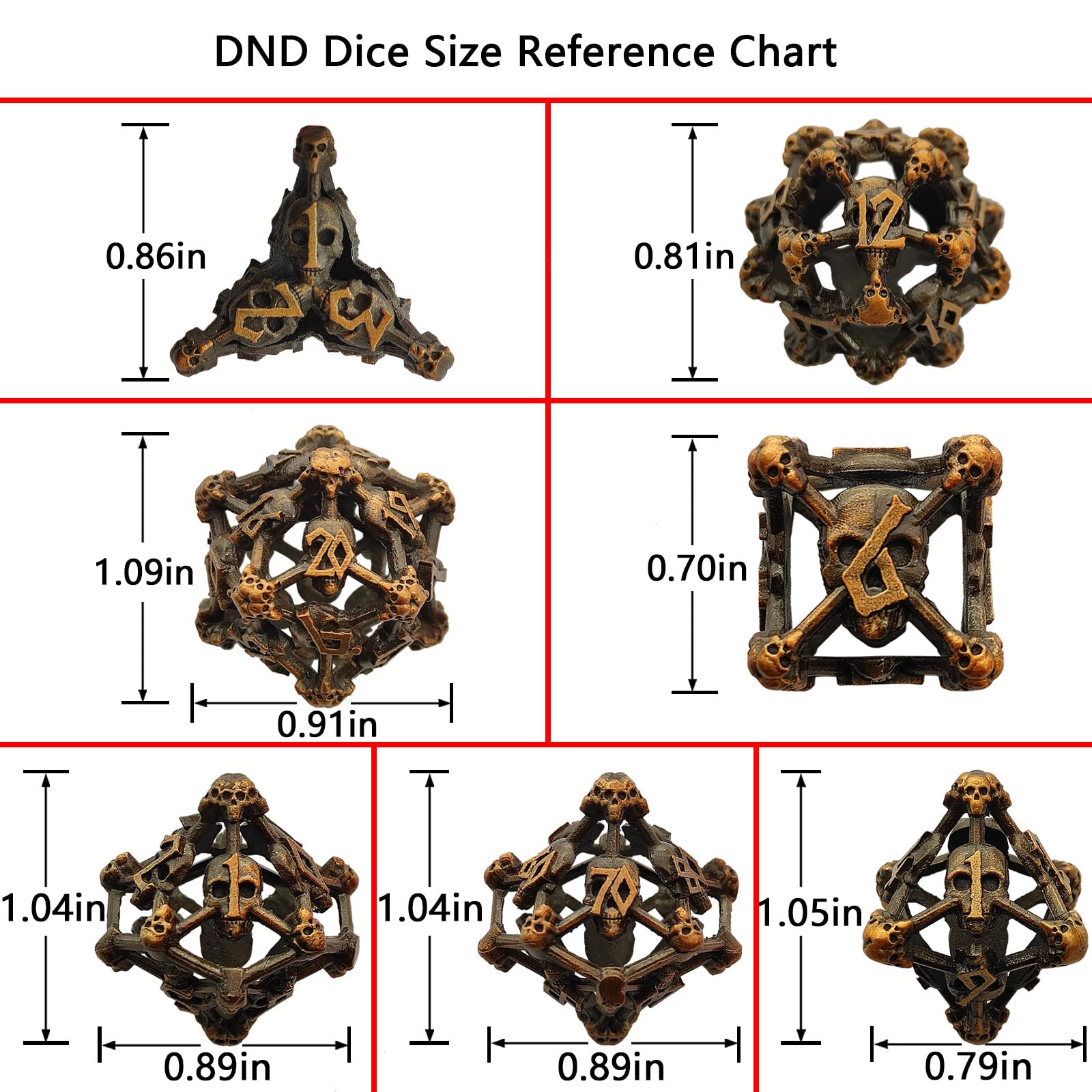 AJKDEUIH Metal DND Skull Dice Set Hollow D&D Dungeons and Dragons Gifts D20 D6 Polyhedron Dice Trpg MTG D and D Pathfinder Table Games Accessories with Black Leather Bag-Ancient Gold