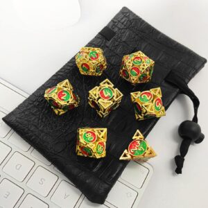 AJKDEUIH D&D DND Metal Dice Set Hollow Dungeons and Dragons D20 Polyhedral Game Dice 7pcs Set RPG MTG Role Playing Pathfinder Accessories Gift Storage Bag-Imitation Gold Red and Green