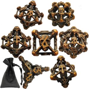 AJKDEUIH Metal DND Skull Dice Set Hollow D&D Dungeons and Dragons Gifts D20 D6 Polyhedron Dice Trpg MTG D and D Pathfinder Table Games Accessories with Black Leather Bag-Ancient Gold