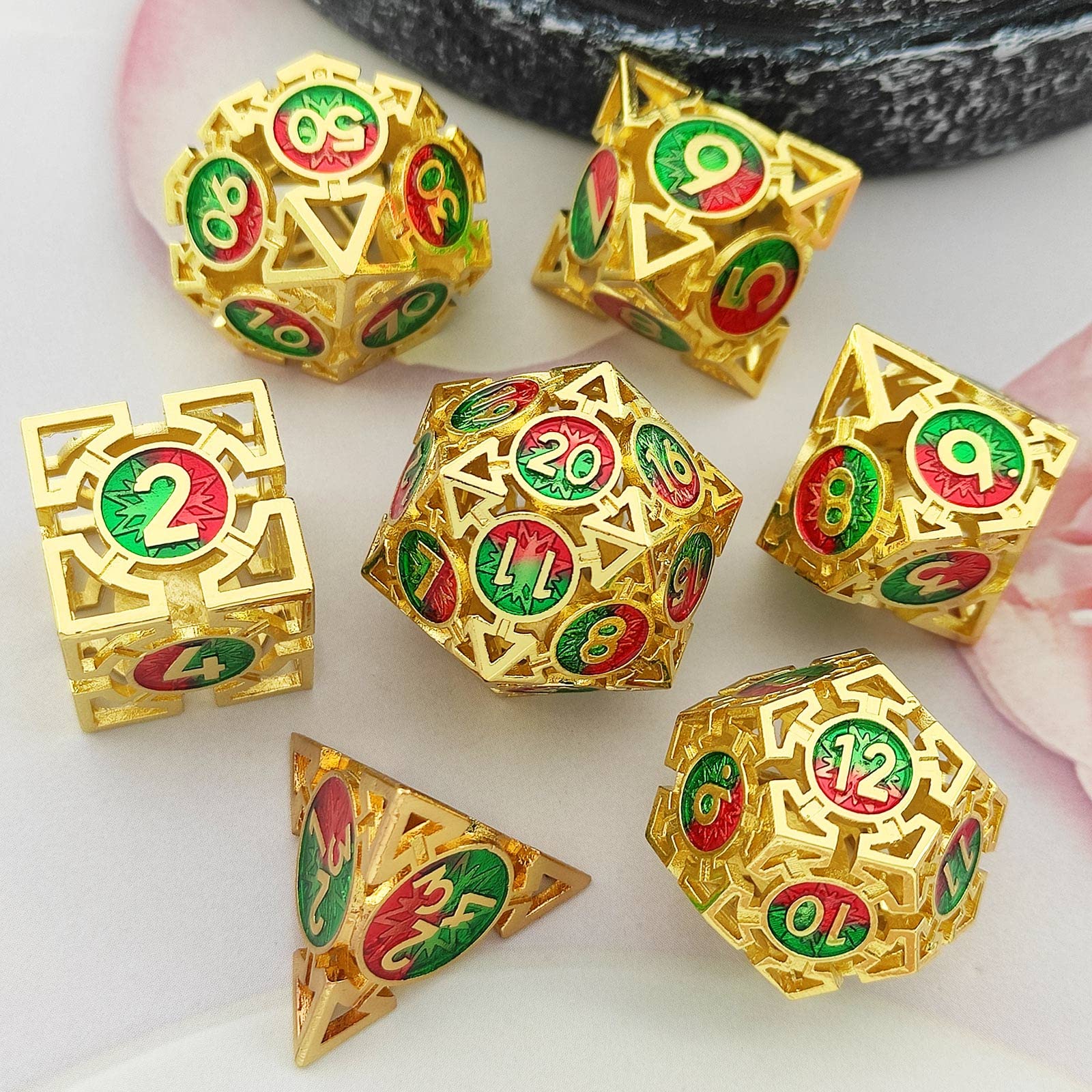 AJKDEUIH D&D DND Metal Dice Set Hollow Dungeons and Dragons D20 Polyhedral Game Dice 7pcs Set RPG MTG Role Playing Pathfinder Accessories Gift Storage Bag-Imitation Gold Red and Green