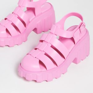 Melissa Megan Platform Jelly Heels for Women - The Iconic Original 90’s Jelly Shoe, Fisherman's Sandal with Chunky, Platform Lug-Sole Heel and Adjustable Strap and Side Buckle, Pink, 5