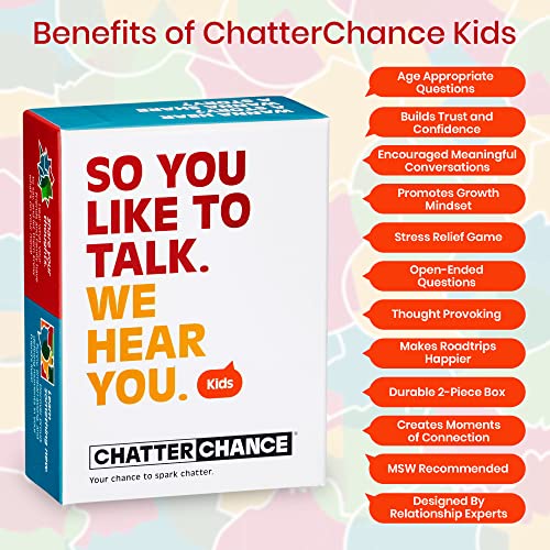 ChatterChance Kids: Conversation Card Game Gift for Family Fun Activities or Car Travel Road Trip Games for Children - 80 Thought Provoking Question Deck of Cards Learning Social Skills Therapy