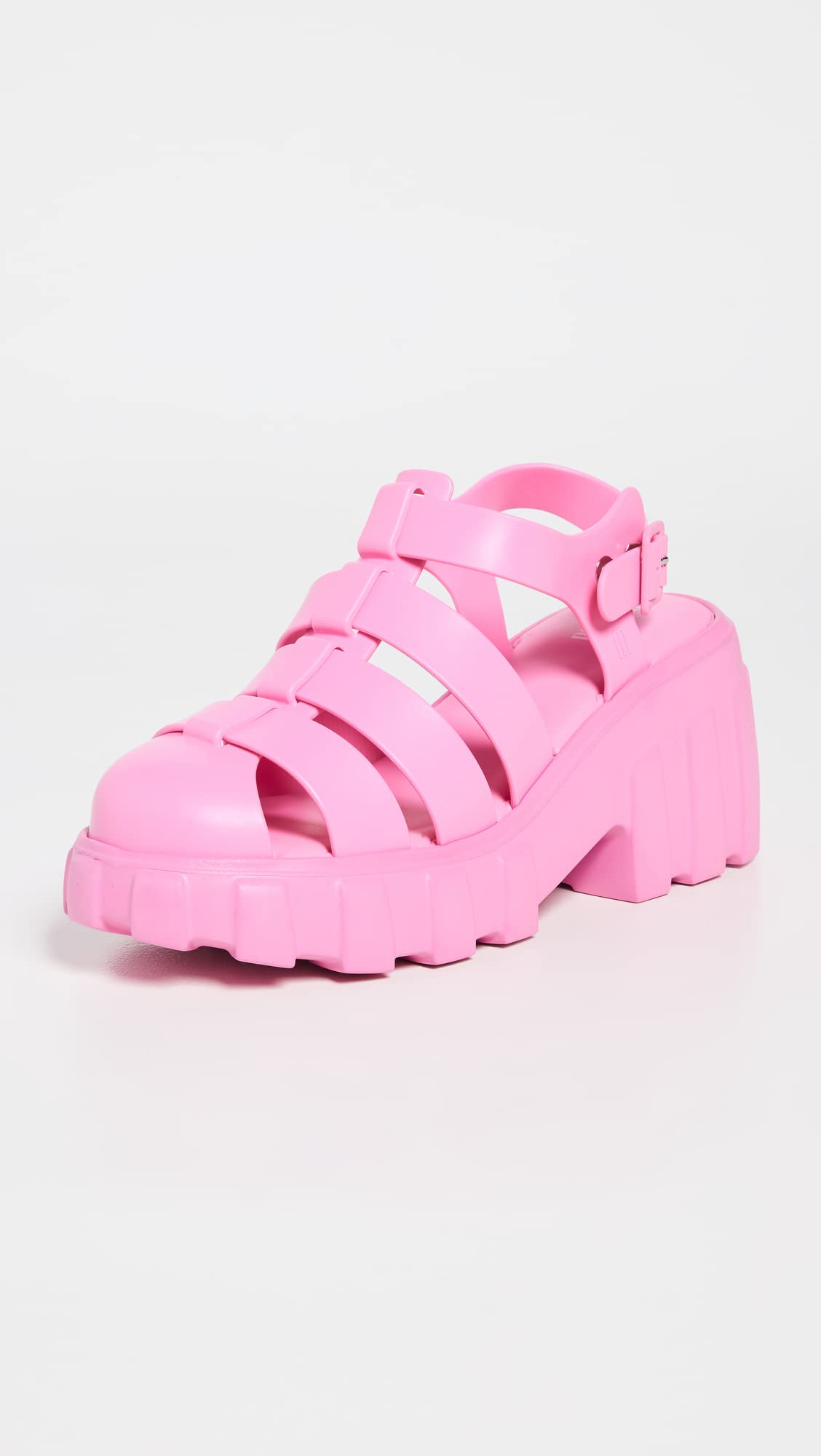 Melissa Megan Platform Jelly Heels for Women - The Iconic Original 90’s Jelly Shoe, Fisherman's Sandal with Chunky, Platform Lug-Sole Heel and Adjustable Strap and Side Buckle, Pink, 5