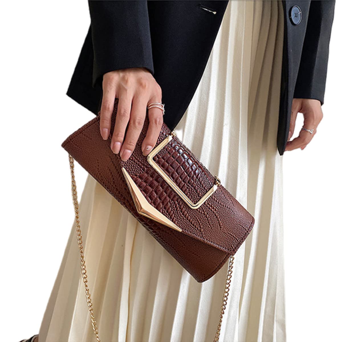 WIGUYUN Women Vegan Leather Evening Handbag Crocodile Pattern Handle Clutch Purse Cross Body Envelope Bag Brown