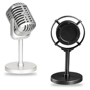 lyflux 2 pcs retro decor microphone prop, toy microphone, vintage decor, 2 models plastic microphone, vintage microphone, party decoration, photography props, shooting background(silver and black)