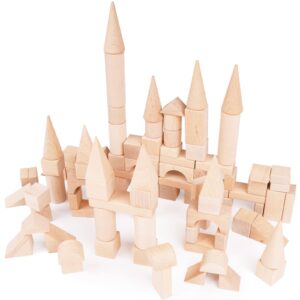 GenJuw 100Pcs Wooden Building Blocks Set- Wood Stacker Stacking Blocks Game Toys for Toddlers, Multiple Shapes, Toddles Blocks- Baby Wooden Blocks for Kids Learning and Playing