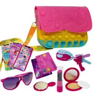 my first purse, little girl purse with accessories, toddler purses for 3 year old girls, pretend play lipstick, phone that makes sound, princess brush, kid’s makeup | 10pc fidget pop it play toy set