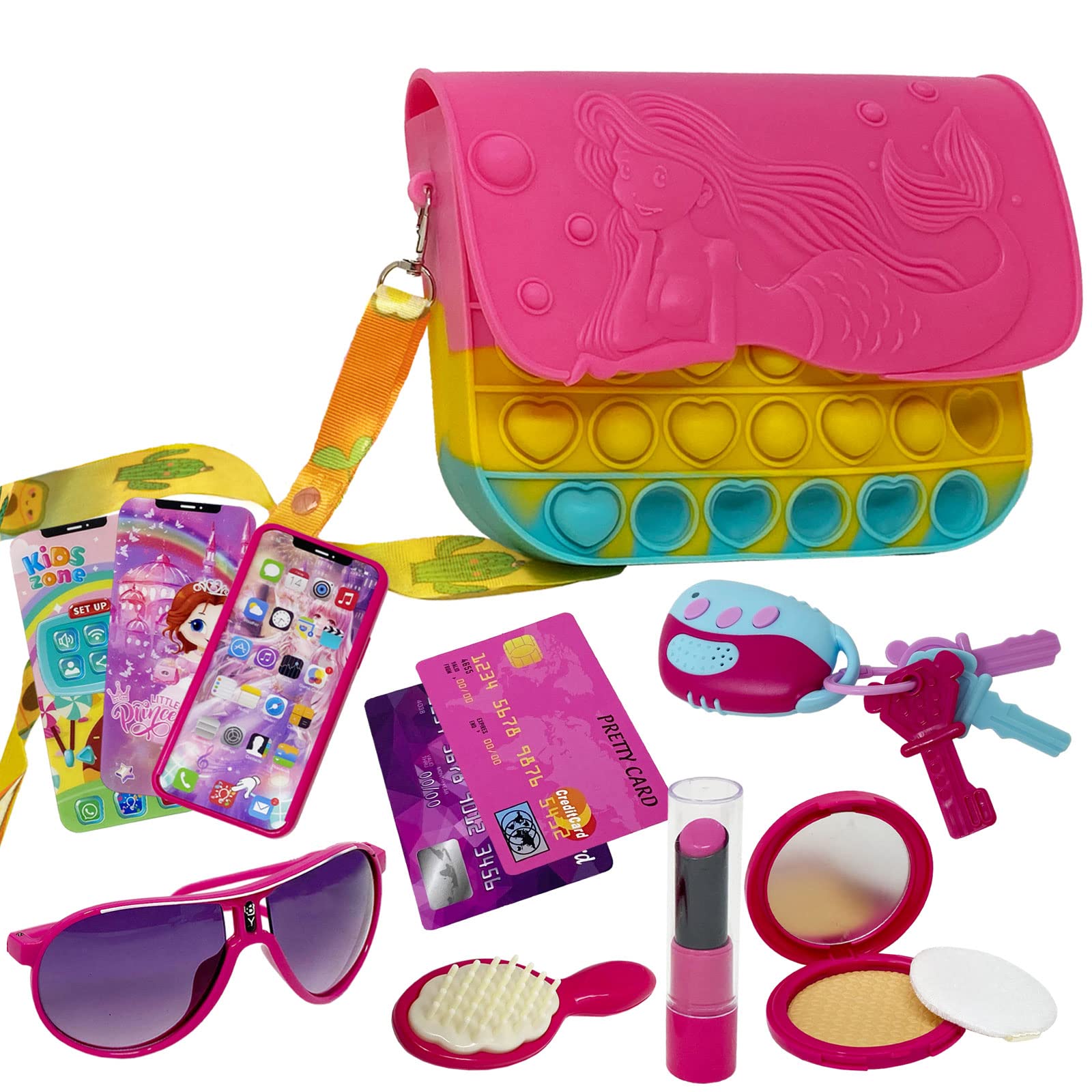 My First Purse, Little Girl Purse with Accessories, Toddler Purses for 3 Year Old Girls, Pretend Play Lipstick, Phone That Makes Sound, Princess Brush, Kid’s Makeup | 10pc Fidget Pop It Play Toy Set