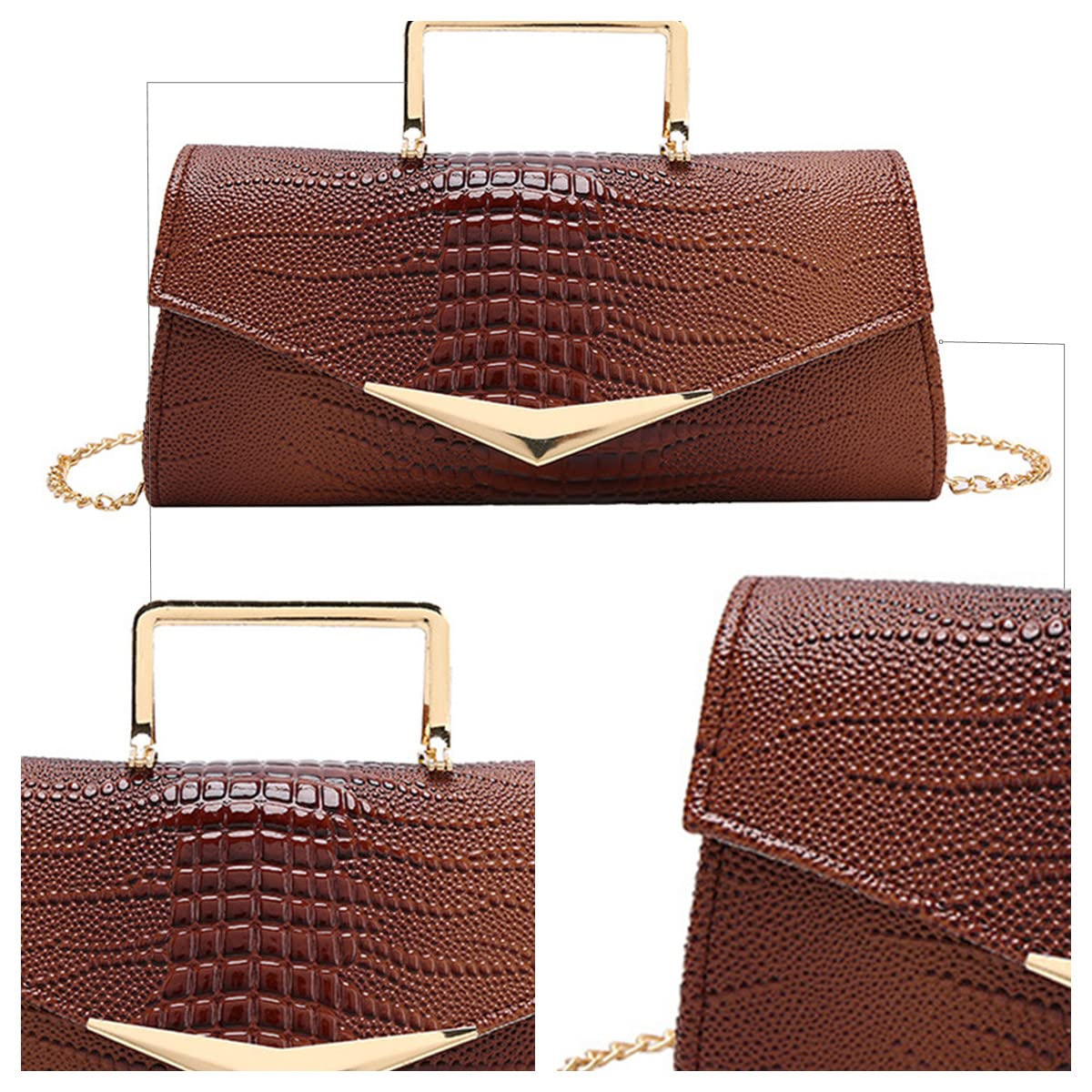 WIGUYUN Women Vegan Leather Evening Handbag Crocodile Pattern Handle Clutch Purse Cross Body Envelope Bag Brown