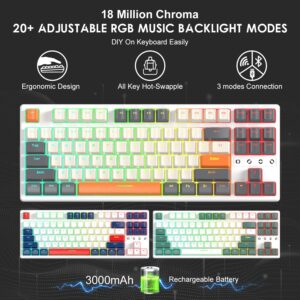 ATTACK SHARK K87 Wireless Keyboard,TKL Mechanical Keyboard,2.4G/BT 5.0/Wired Coiled Keyboard Cable,Hot Swappable Tactile Switch,Chroma RGB,3000 mAh Rechargeable Battery for Windows Mac(White-Gray)