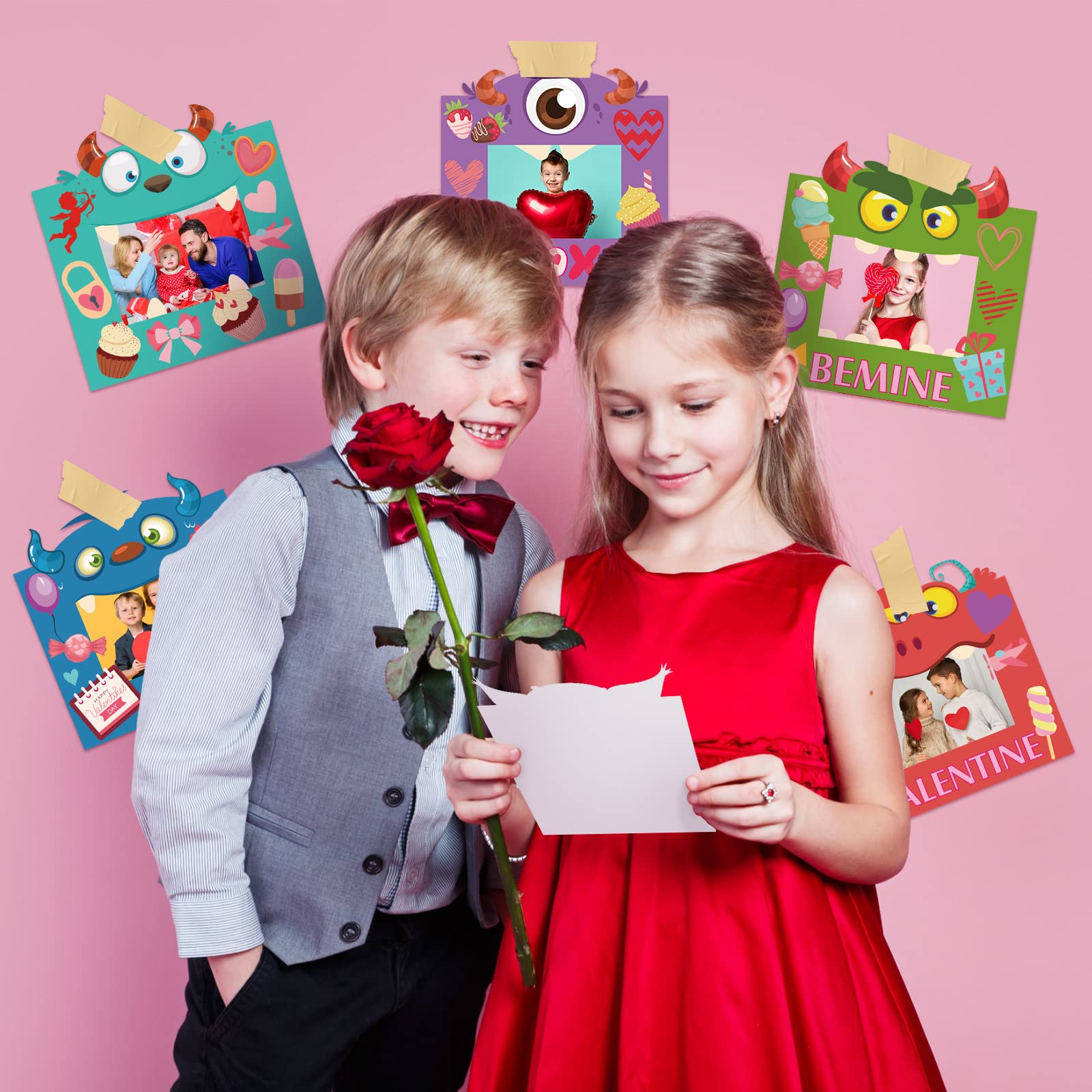 Ferraycle 30 Pack Valentine's Day DIY Craft Kits for Kid, Valentines Day Pictures Frame Craft and 12 Sticker DIY Valentines Craft with Monster Photo Frame Craft Kit for Party Favor Classroom Activity