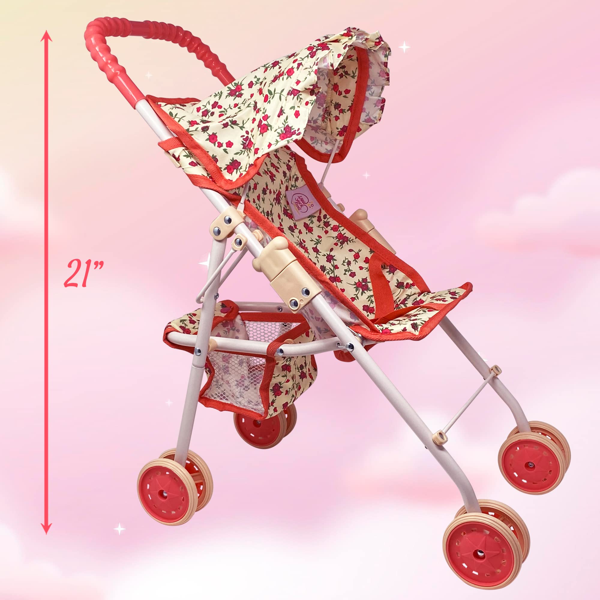 My First Baby Doll Stroller for Toddlers 3 Year Old Girls, Little Kids | Toy Stroller with Bottom Storage Basket, Foldable Frame, Canopy, Seatbelt