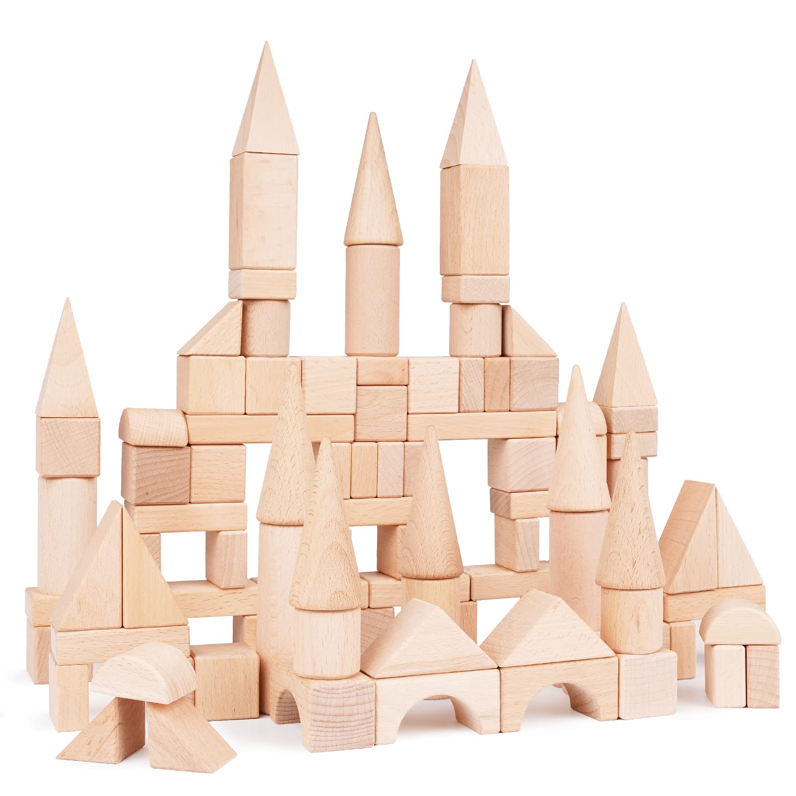 GenJuw 100Pcs Wooden Building Blocks Set- Wood Stacker Stacking Blocks Game Toys for Toddlers, Multiple Shapes, Toddles Blocks- Baby Wooden Blocks for Kids Learning and Playing