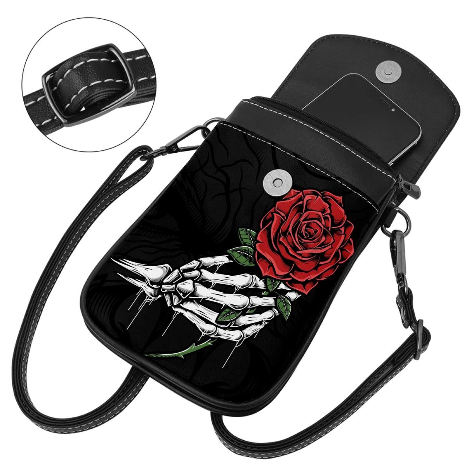 Small Crossbody Bags Skull Hand Holding a Red Rose Leather Cell Phone Purse Wallet for Women Teen Girl