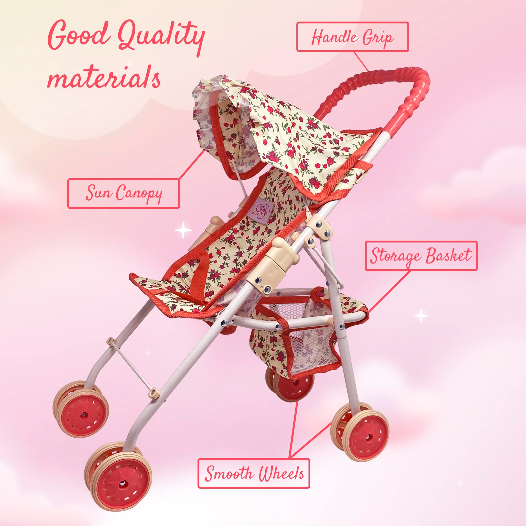 My First Baby Doll Stroller for Toddlers 3 Year Old Girls, Little Kids | Toy Stroller with Bottom Storage Basket, Foldable Frame, Canopy, Seatbelt