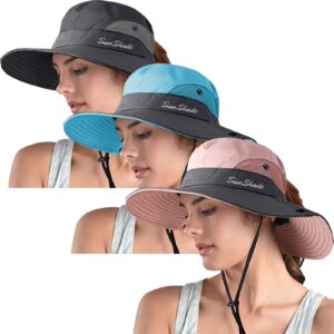 zooron 3 pack women's ponytail safari sun hat,wide brim uv protection outdoor bucket hat,foldable beach summer fishing hat