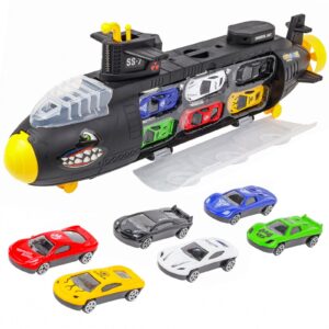 kidplokio 7pc submarine shark diecast toy car carrier boys play set, ages 3 and up