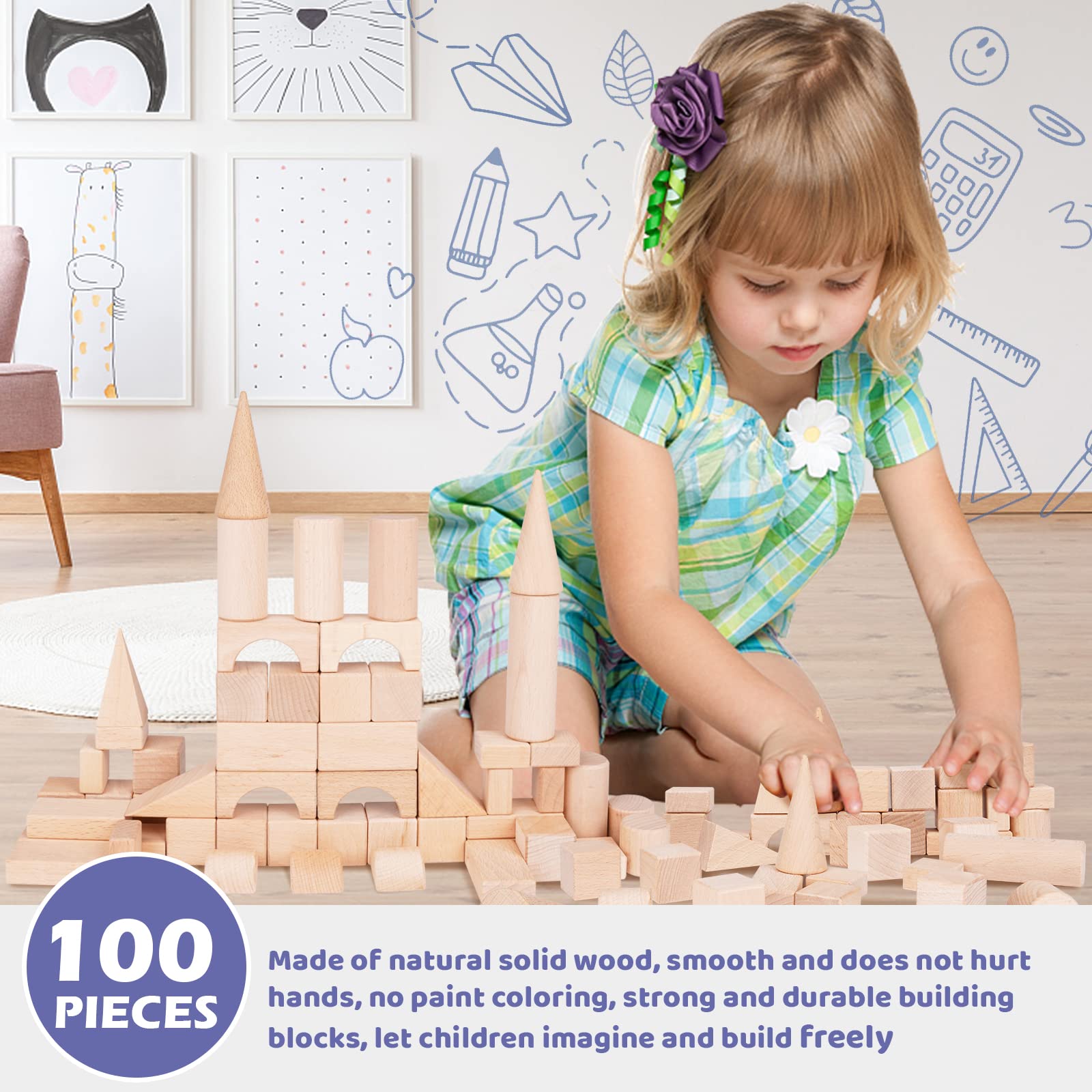 GenJuw 100Pcs Wooden Building Blocks Set- Wood Stacker Stacking Blocks Game Toys for Toddlers, Multiple Shapes, Toddles Blocks- Baby Wooden Blocks for Kids Learning and Playing