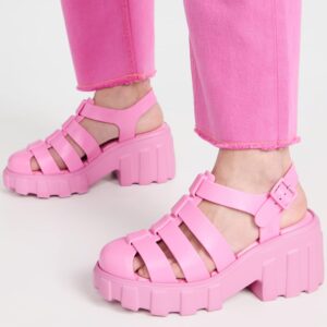 Melissa Megan Platform Jelly Heels for Women - The Iconic Original 90’s Jelly Shoe, Fisherman's Sandal with Chunky, Platform Lug-Sole Heel and Adjustable Strap and Side Buckle, Pink, 5