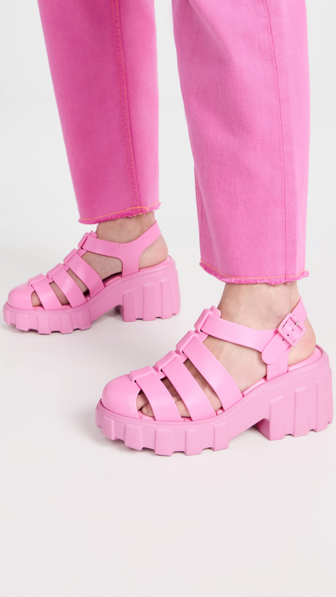 Melissa Megan Platform Jelly Heels for Women - The Iconic Original 90’s Jelly Shoe, Fisherman's Sandal with Chunky, Platform Lug-Sole Heel and Adjustable Strap and Side Buckle, Pink, 5