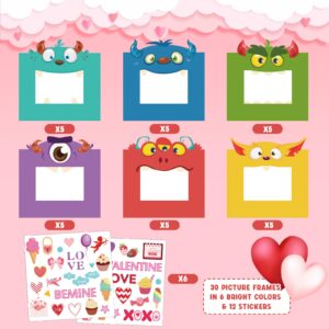 Ferraycle 30 Pack Valentine's Day DIY Craft Kits for Kid, Valentines Day Pictures Frame Craft and 12 Sticker DIY Valentines Craft with Monster Photo Frame Craft Kit for Party Favor Classroom Activity