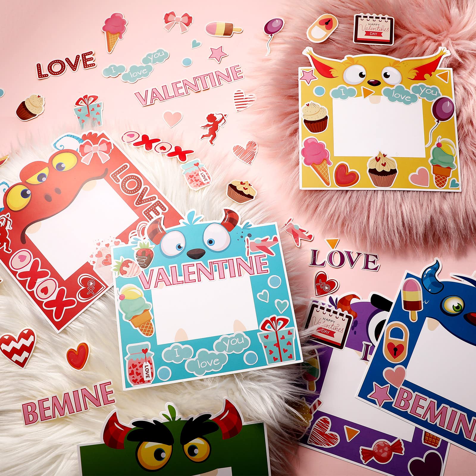 Ferraycle 30 Pack Valentine's Day DIY Craft Kits for Kid, Valentines Day Pictures Frame Craft and 12 Sticker DIY Valentines Craft with Monster Photo Frame Craft Kit for Party Favor Classroom Activity